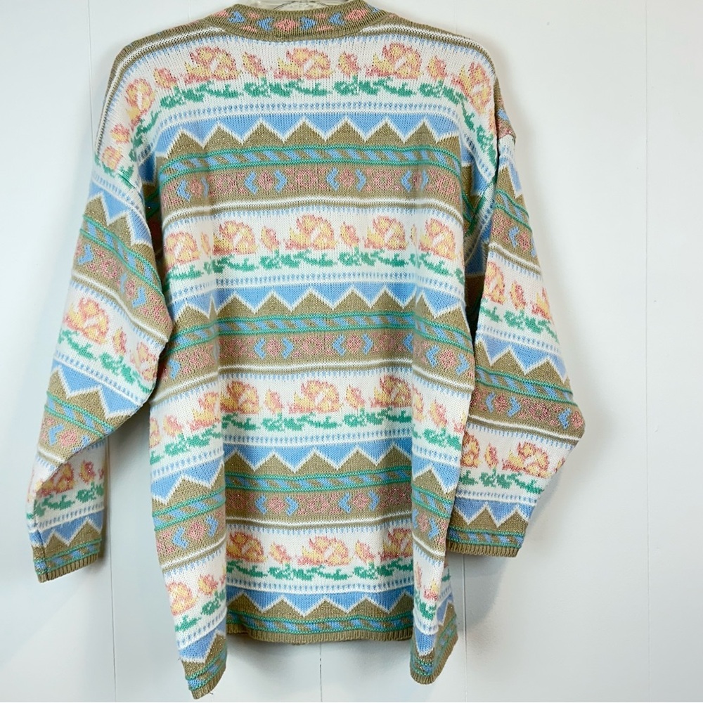 Vintage 80s Pastel Pattern Knit Sweater Fairy Kei Kawaii Oversized L XL - Picture 9 of 10